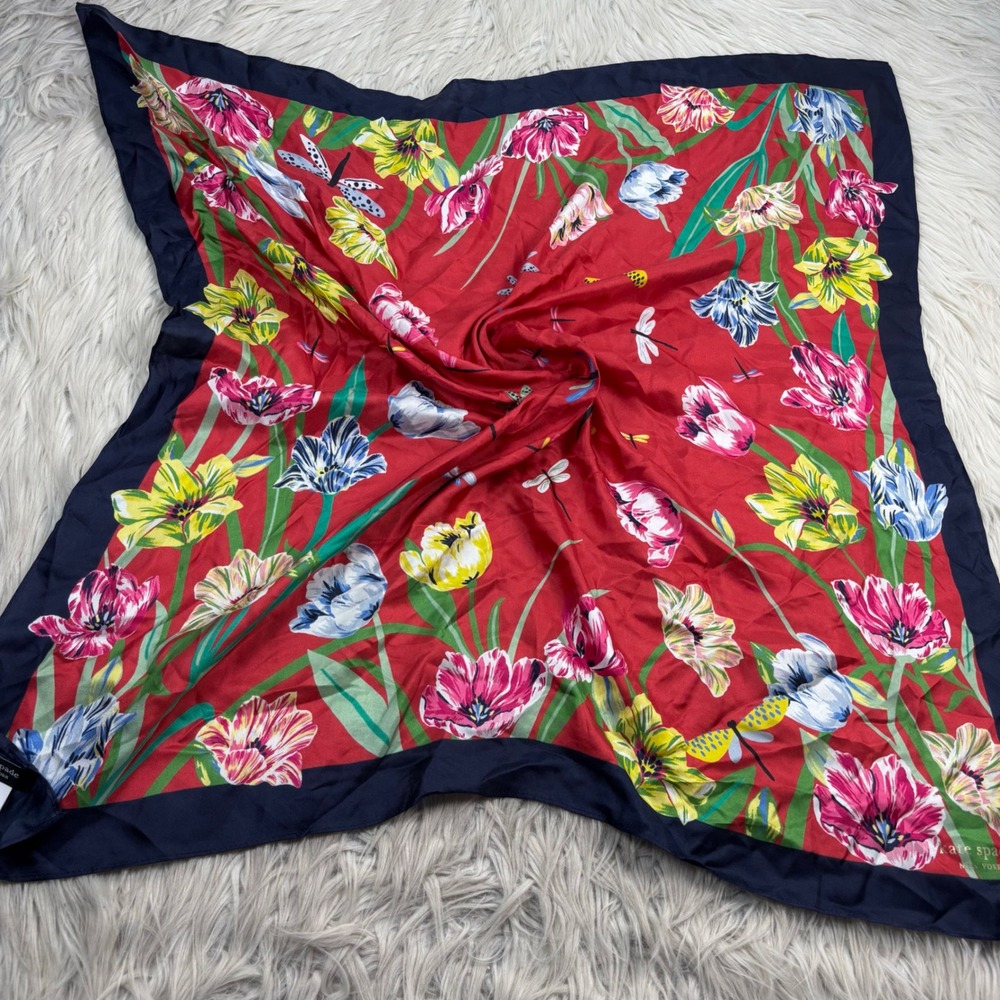 NWT Kate Spade Red Floral Silk Square 29"x 29" Scarf Feminine Chic Dragonfly